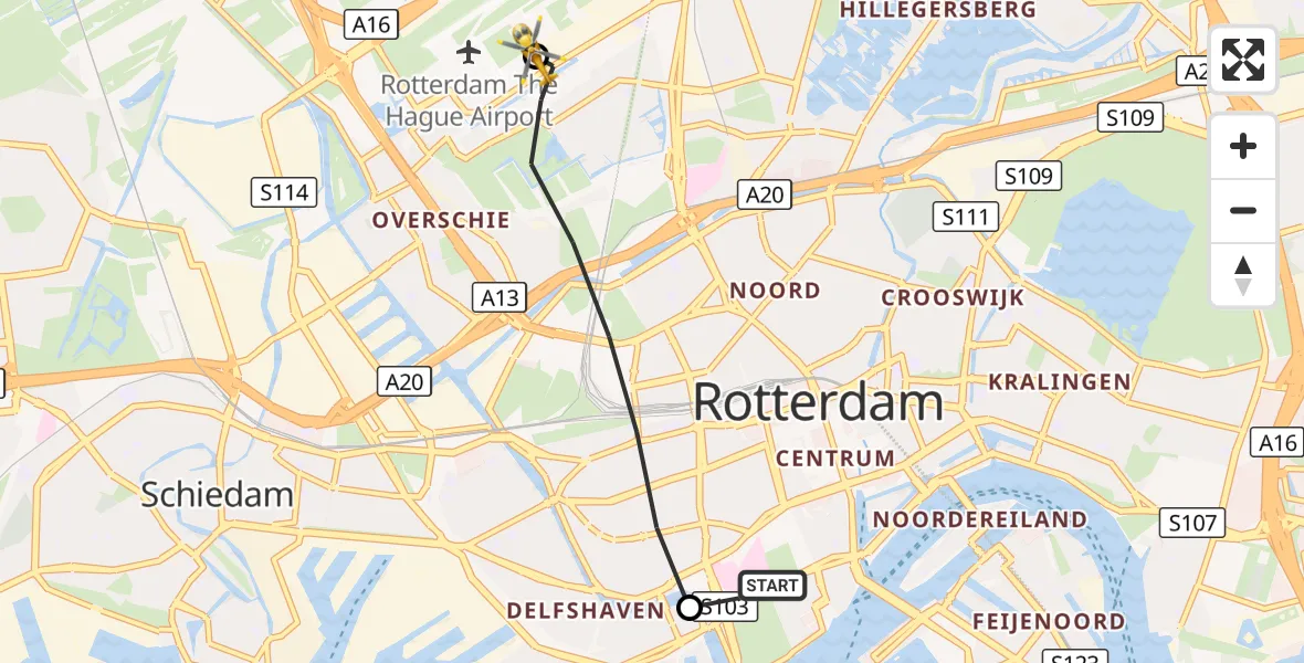 Vluchtroute Traumahelikopter Erasmus MC - Rotterdam The Hague Airport, 14 september 2026, 17:33