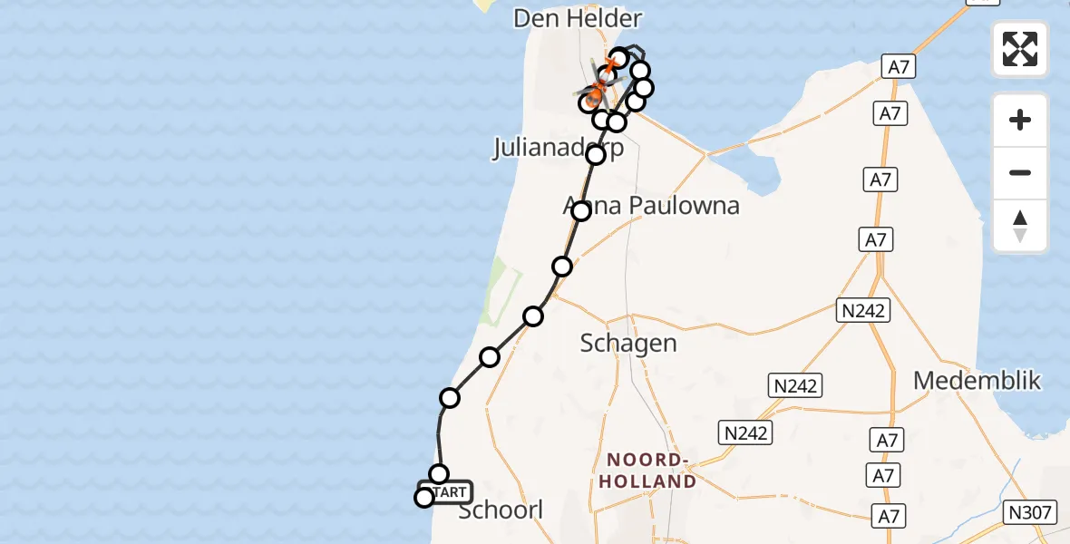 Vluchtroute Kustwachthelikopter Schoorl - Militair vliegveld De Kooy / Den Helder Airport, 14 september 2026, 19:29