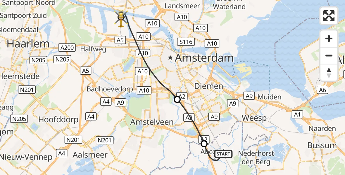 Vluchtroute Traumahelikopter Abcoude - Amsterdam Heliport, 15 september 2026, 06:43