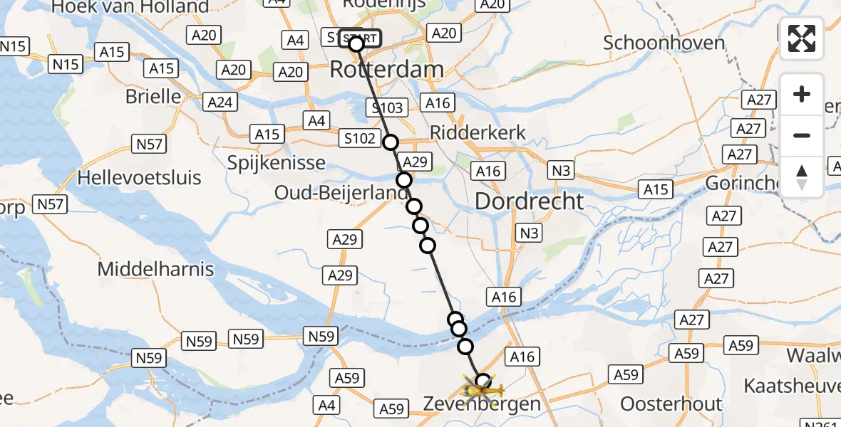 Vluchtroute Traumahelikopter Rotterdam The Hague Airport - Zevenbergen, 15 september 2026, 08:47