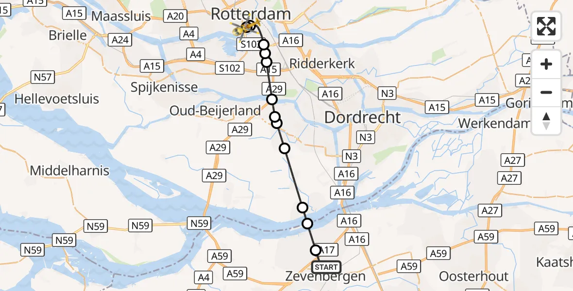 Vluchtroute Traumahelikopter Zevenbergen - Erasmus MC, 15 september 2026, 09:25