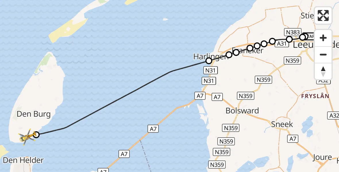 Vluchtroute Ambulancehelikopter Vliegbasis Leeuwarden - Den Hoorn, 15 september 2026, 09:35