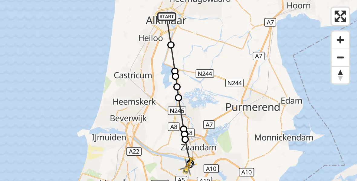Vluchtroute Traumahelikopter Alkmaar - Amsterdam Heliport, 15 september 2026, 11:13