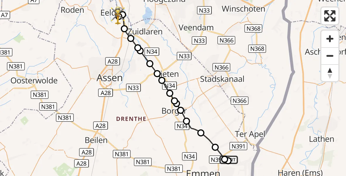 Vluchtroute Traumahelikopter Roswinkel - Groningen Airport Eelde, 15 september 2026, 11:55