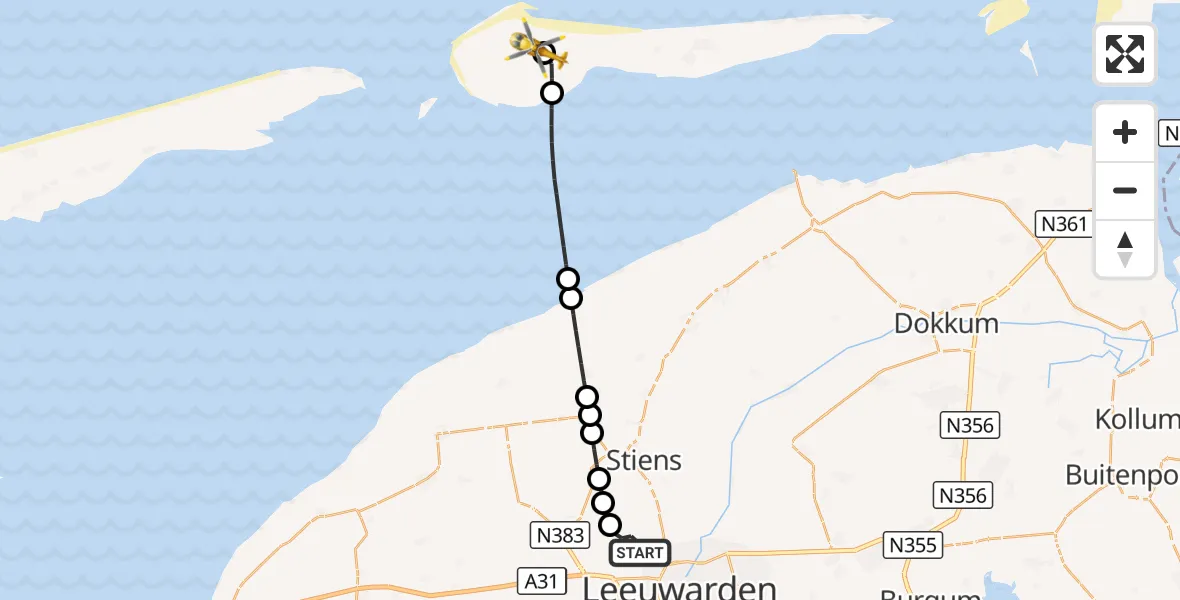 Vluchtroute Ambulancehelikopter Vliegbasis Leeuwarden - Ameland Vliegveld Ballum, 15 september 2026, 23:24