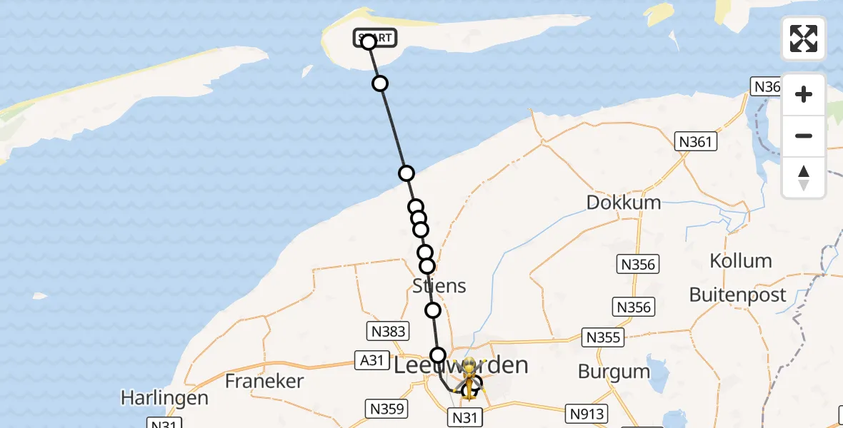 Vluchtroute Ambulancehelikopter Ameland Vliegveld Ballum - Leeuwarden Medical Center Heliport, 15 september 2026, 23:51