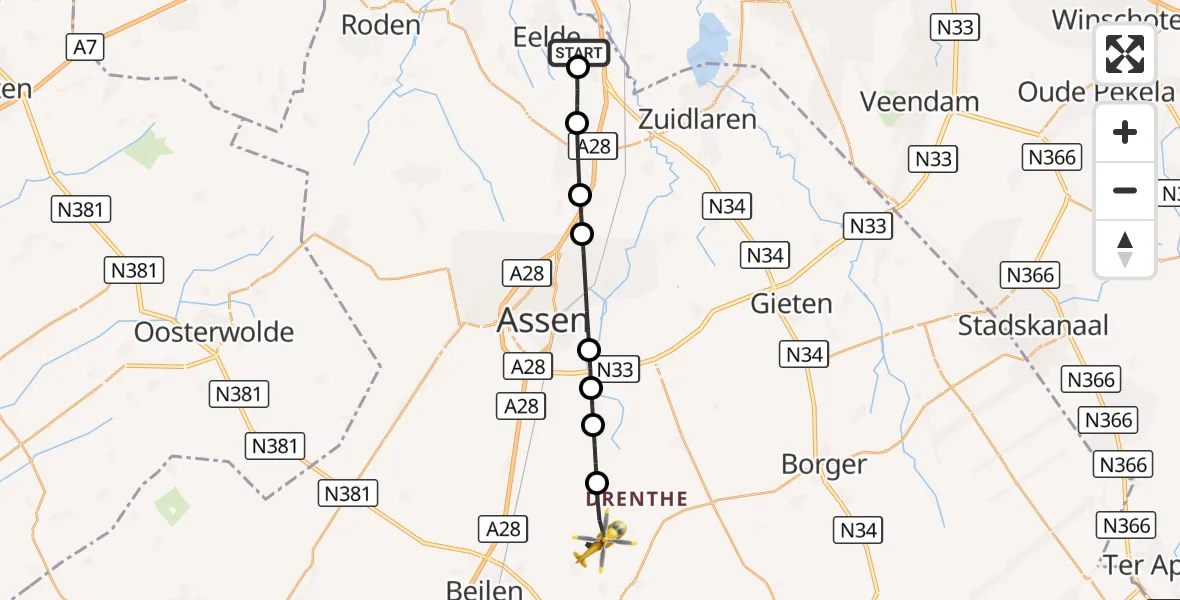 Vluchtroute Traumahelikopter Groningen Airport Eelde - Zwiggelte, 16 september 2026, 04:52