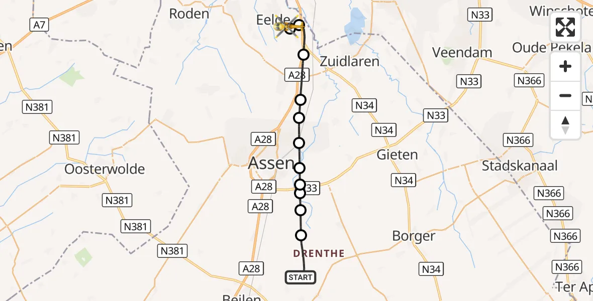 Vluchtroute Traumahelikopter Zwiggelte - Groningen Airport Eelde, 16 september 2026, 05:18