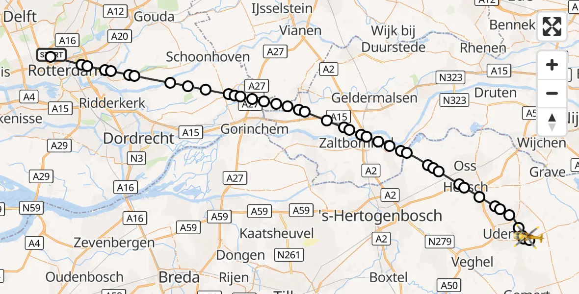 Vluchtroute Traumahelikopter Rotterdam The Hague Airport - Vliegbasis Volkel, 16 september 2026, 07:40