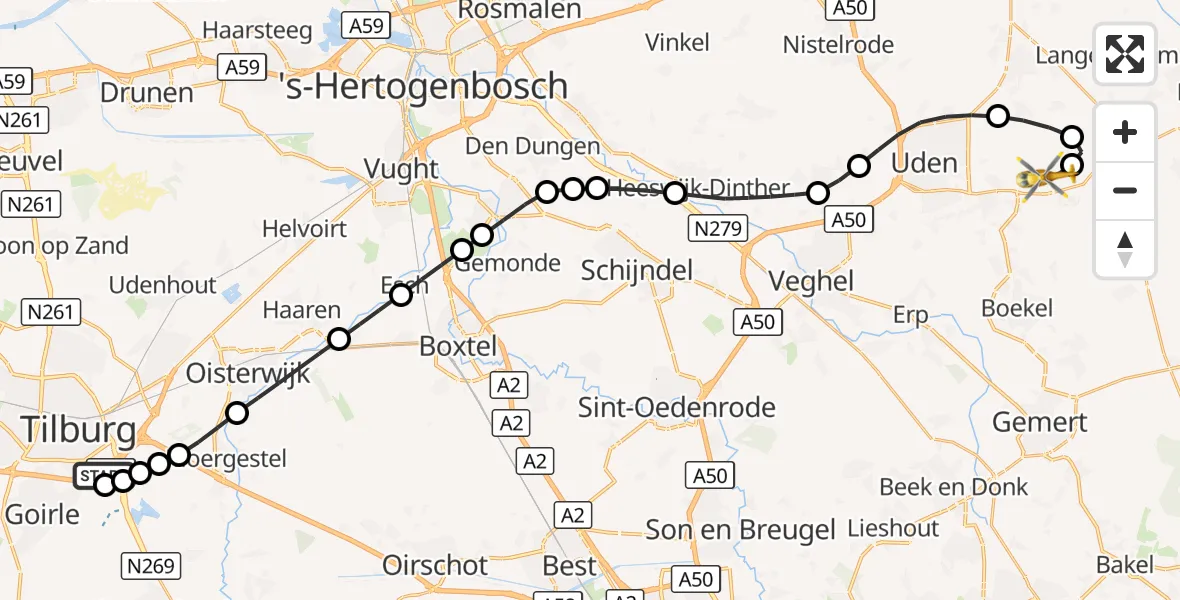 Vluchtroute Traumahelikopter St. Elisabeth Hospital Heliport - Vliegbasis Volkel, 16 september 2026, 07:54