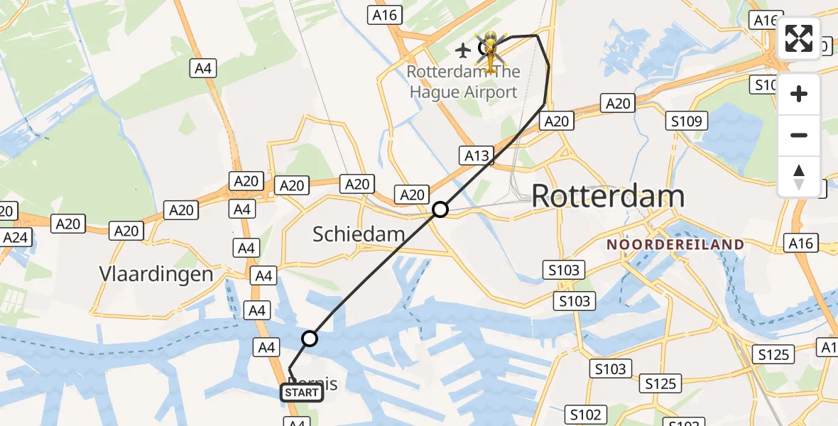 Vluchtroute Traumahelikopter Pernis Rotterdam - Rotterdam The Hague Airport, 16 september 2026, 09:11