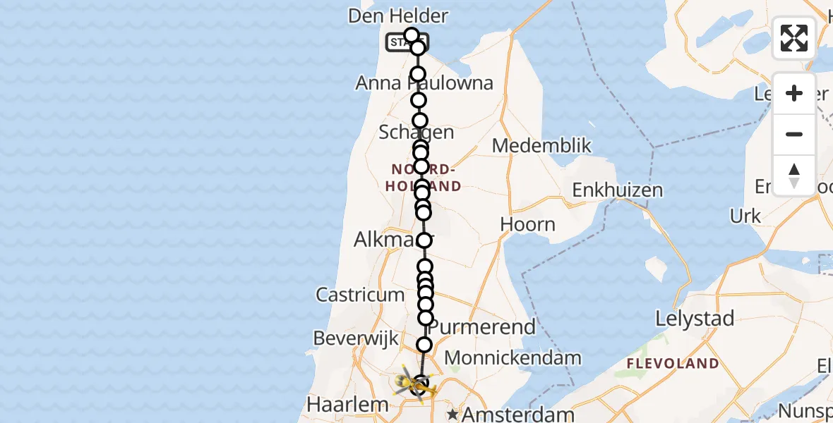 Vluchtroute Traumahelikopter Militair vliegveld De Kooy / Den Helder Airport - Amsterdam Heliport, 16 september 2026, 10:30