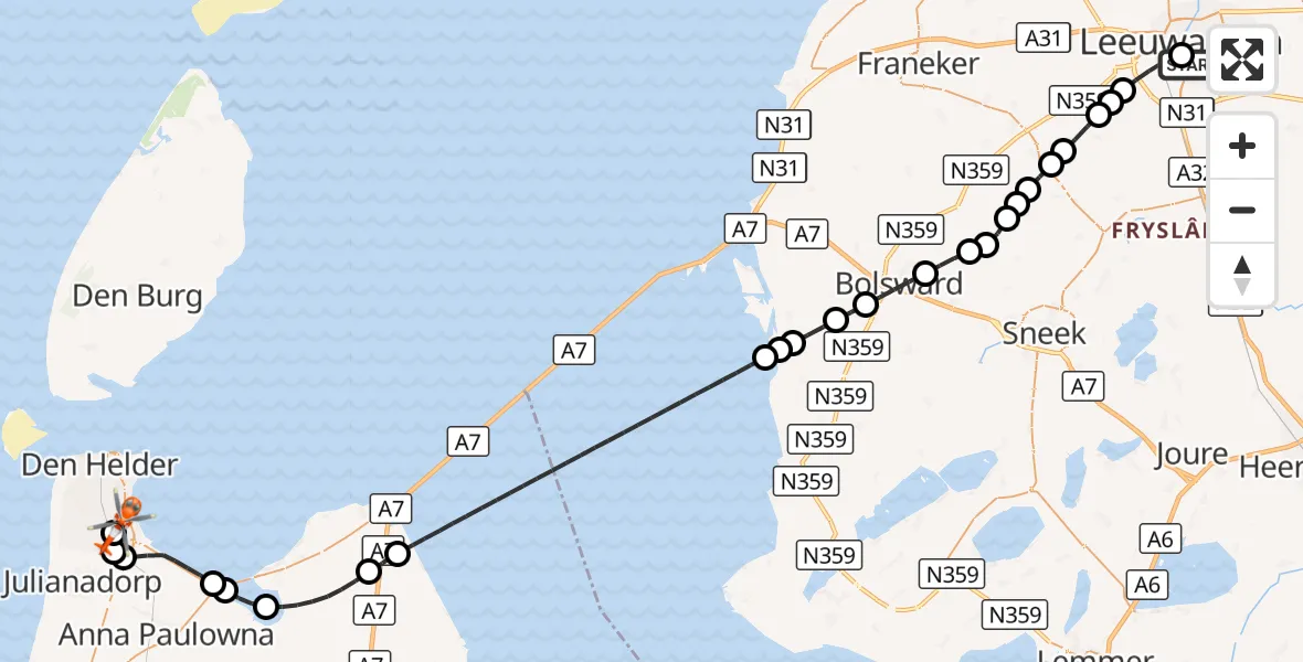 Vluchtroute Kustwachthelikopter Leeuwarden Medical Center Heliport - Militair vliegveld De Kooy / Den Helder Airport, 16 september 2026, 11:35