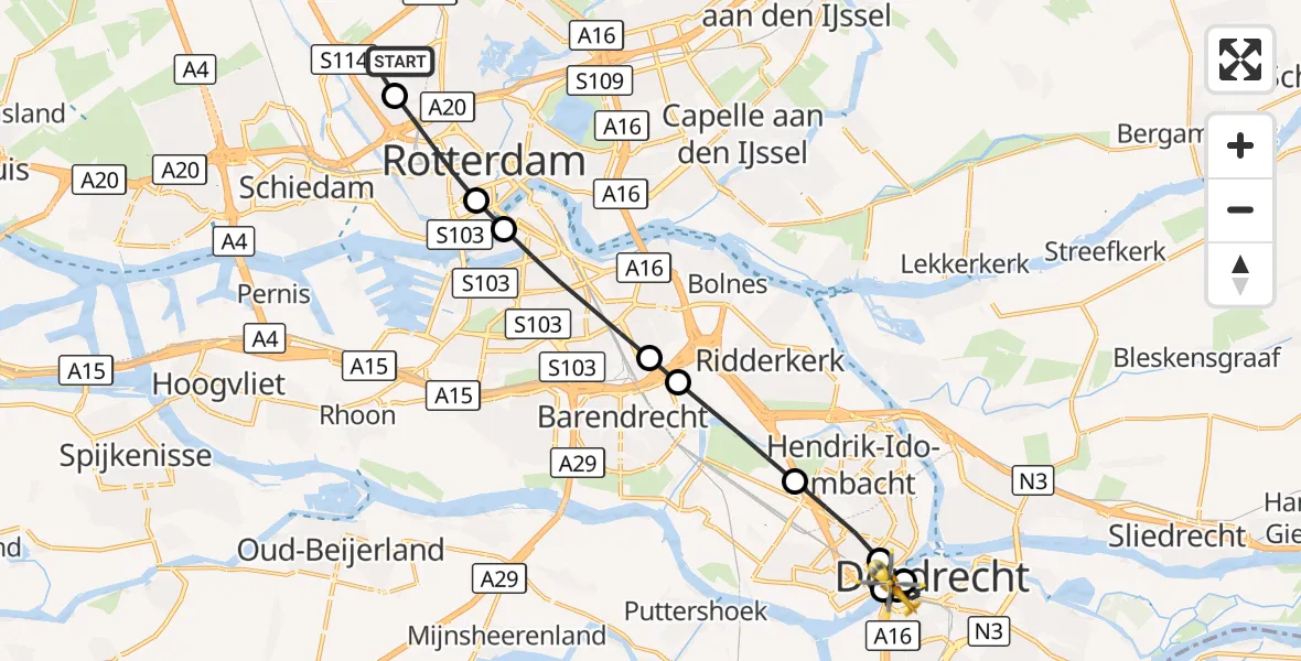 Vluchtroute Traumahelikopter Rotterdam The Hague Airport - Dordrecht, 16 september 2026, 12:23