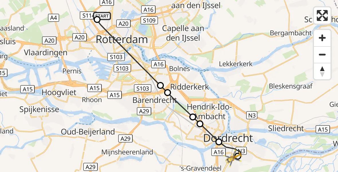 Vluchtroute Traumahelikopter Rotterdam The Hague Airport - Albert Schweitzer Hospital Dordrecht Heliport, 16 september 2026, 14:38
