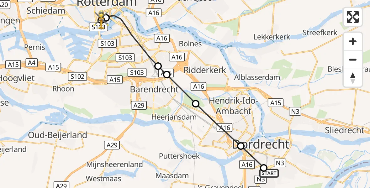 Vluchtroute Traumahelikopter Albert Schweitzer Hospital Dordrecht Heliport - Erasmus MC, 16 september 2026, 15:26
