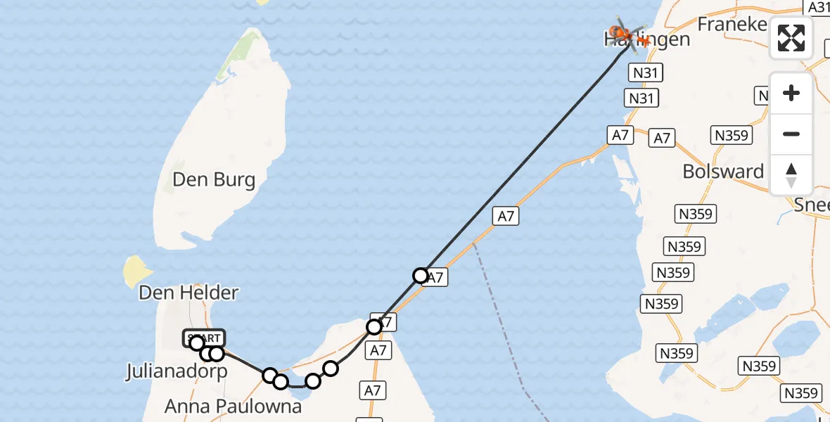 Vluchtroute Kustwachthelikopter Militair vliegveld De Kooy / Den Helder Airport - Waddenzee, 16 september 2026, 17:04