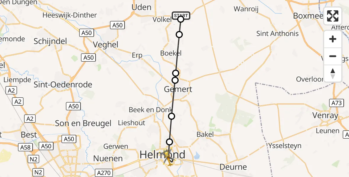 Vluchtroute Traumahelikopter Vliegbasis Volkel - Helmond, 16 september 2026, 19:06