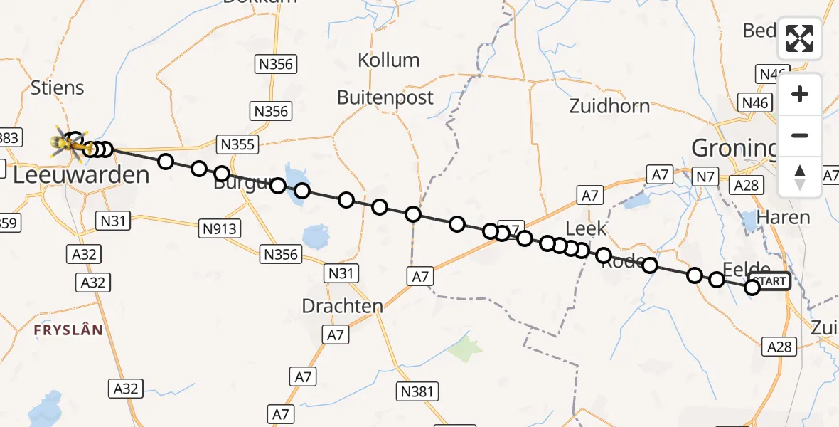 Vluchtroute Traumahelikopter Groningen Airport Eelde - Leeuwarden, 17 september 2026, 00:15