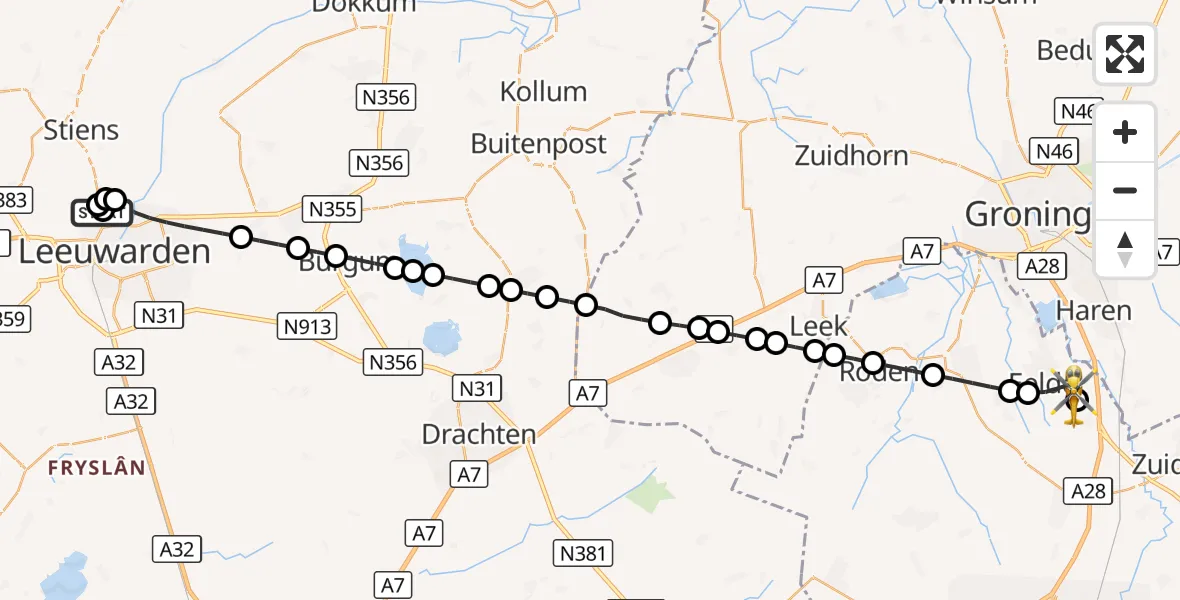 Vluchtroute Traumahelikopter Vliegbasis Leeuwarden - Groningen Airport Eelde, 17 september 2026, 01:18