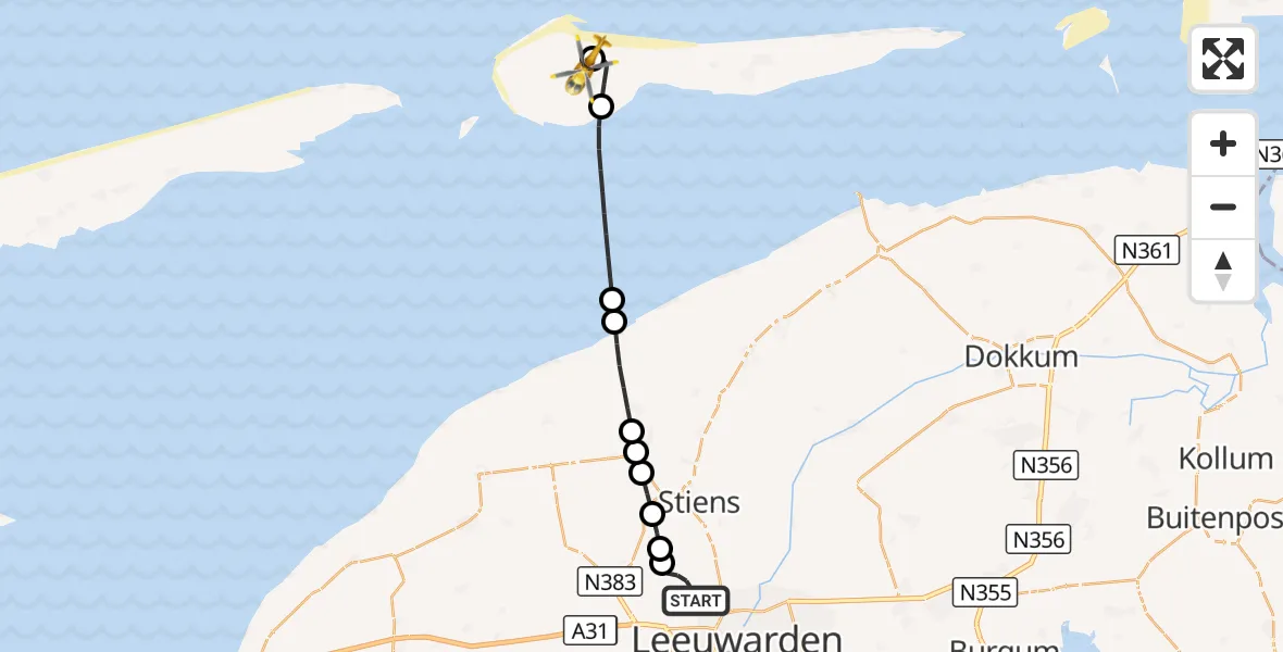 Vluchtroute Ambulancehelikopter Vliegbasis Leeuwarden - Ameland Vliegveld Ballum, 17 september 2026, 08:21