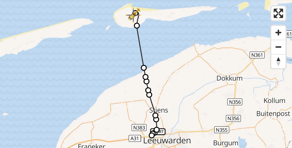 Vluchtroute Ambulancehelikopter Vliegbasis Leeuwarden - Ameland Vliegveld Ballum, 17 september 2026, 11:58