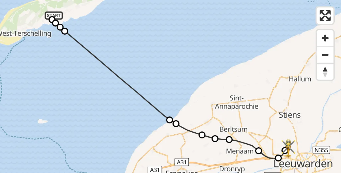 Vluchtroute Ambulancehelikopter Terschelling Heliport - Vliegbasis Leeuwarden, 17 september 2026, 14:10