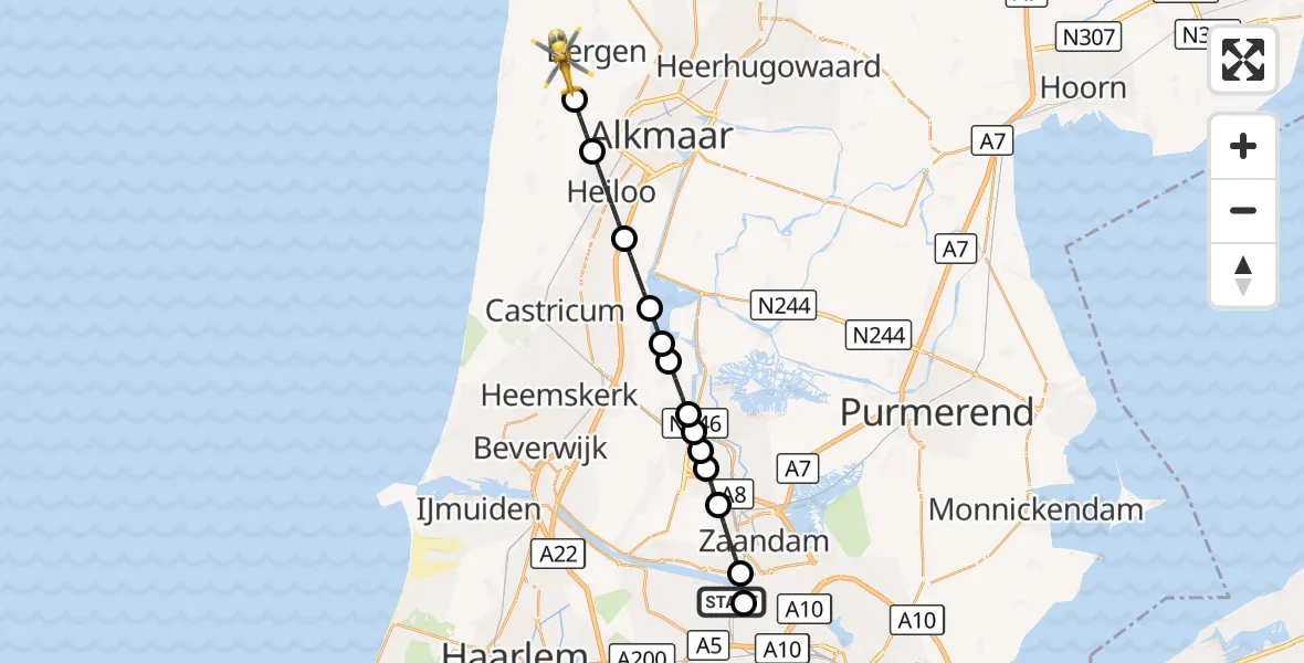 Vluchtroute Traumahelikopter Amsterdam Heliport - Bergen (NH), 17 september 2026, 16:44
