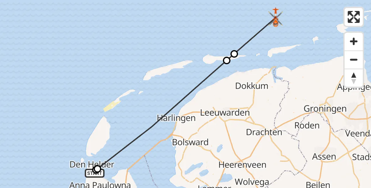 Vluchtroute Kustwachthelikopter Militair vliegveld De Kooy / Den Helder Airport - Noordzee, 17 september 2026, 16:45