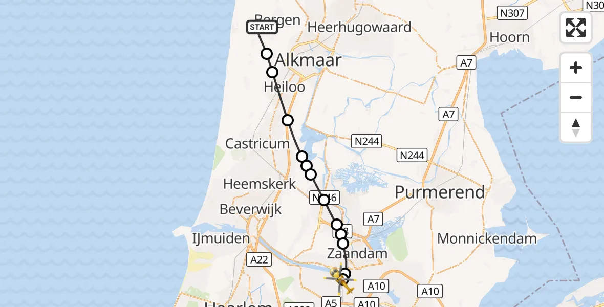 Vluchtroute Traumahelikopter Bergen (NH) - Amsterdam Heliport, 17 september 2026, 17:18