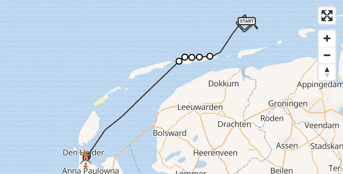 Vluchtroute Kustwachthelikopter Noordzee - Militair vliegveld De Kooy / Den Helder Airport, 17 september 2026, 17:55