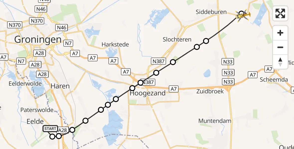 Vluchtroute Traumahelikopter Groningen Airport Eelde - Wagenborgen, 17 september 2026, 21:13