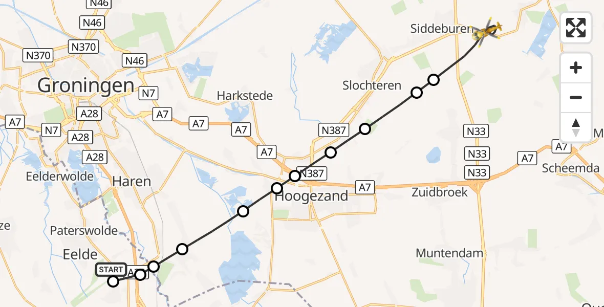 Vluchtroute Traumahelikopter Groningen Airport Eelde - Siddeburen, 18 september 2026, 03:47