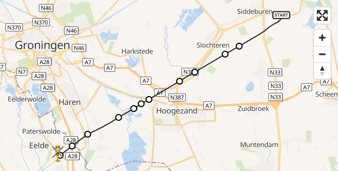 Vluchtroute Traumahelikopter Siddeburen - Groningen Airport Eelde, 18 september 2026, 04:18