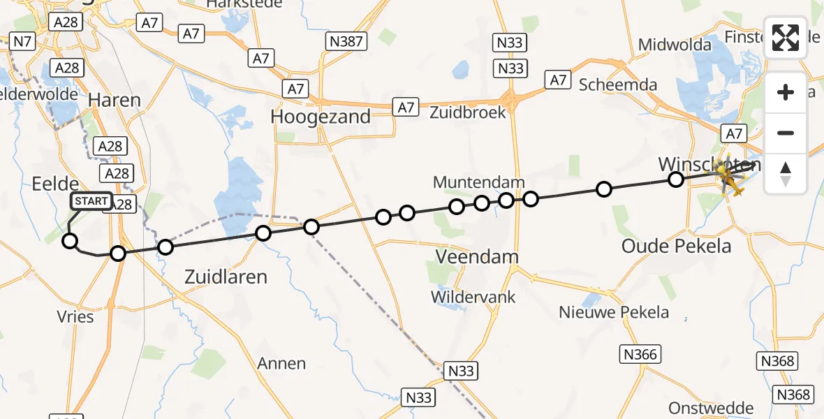 Vluchtroute Traumahelikopter Groningen Airport Eelde - Winschoten, 18 september 2026, 07:08