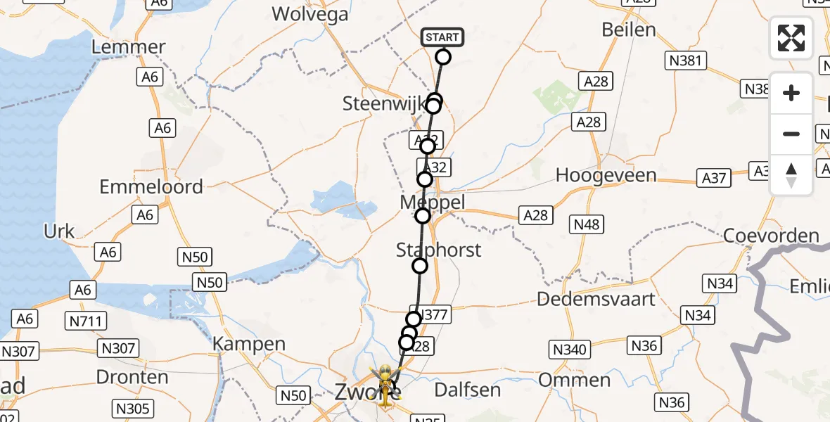 Vluchtroute Traumahelikopter Vledder - Isala Hospital Zwolle Heliport, 18 september 2026, 14:23