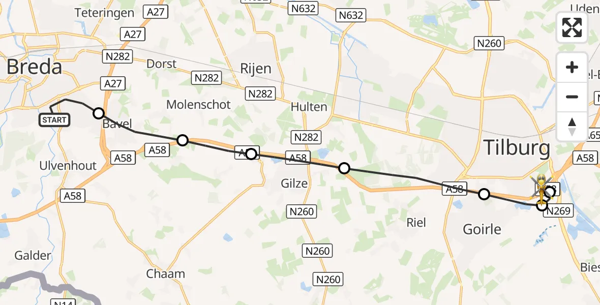 Vluchtroute Traumahelikopter Breda - St. Elisabeth Hospital Heliport, 18 september 2026, 15:51