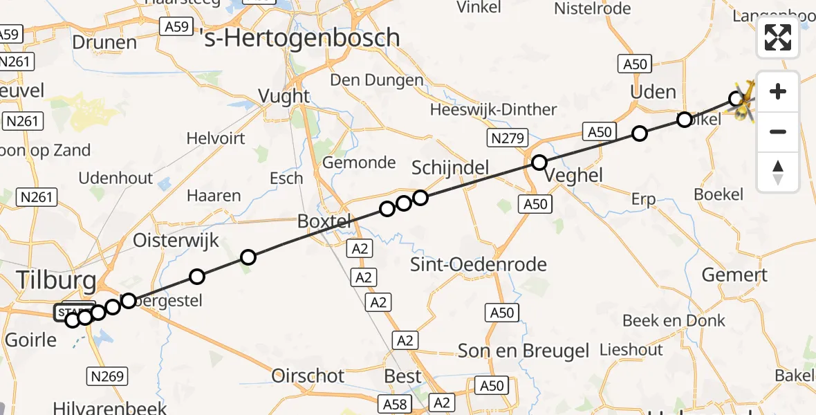 Vluchtroute Traumahelikopter St. Elisabeth Hospital Heliport - Vliegbasis Volkel, 18 september 2026, 16:40
