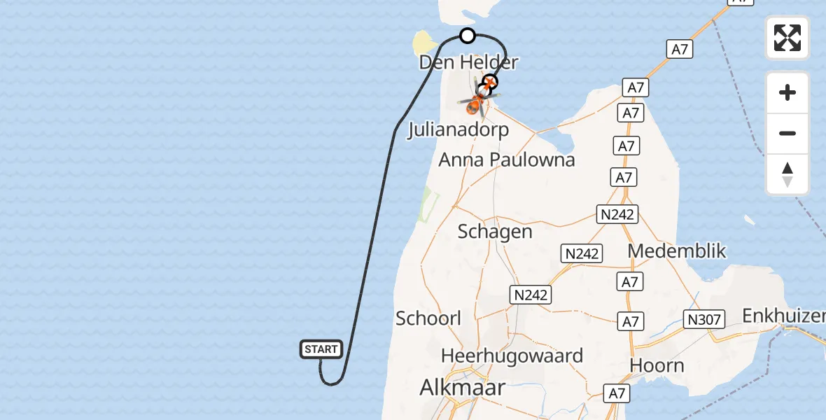 Vluchtroute Kustwachthelikopter Noordzee - Militair vliegveld De Kooy / Den Helder Airport, 18 september 2026, 18:55