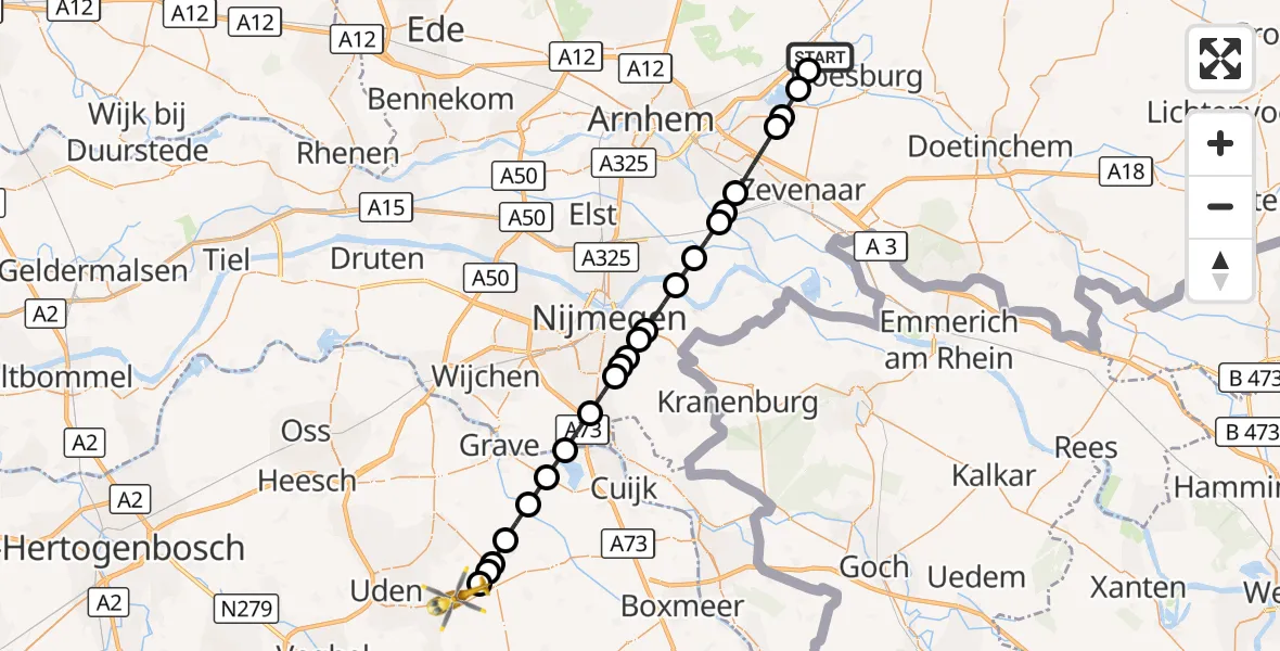 Vluchtroute Traumahelikopter Ellecom - Vliegbasis Volkel, 18 september 2026, 19:10