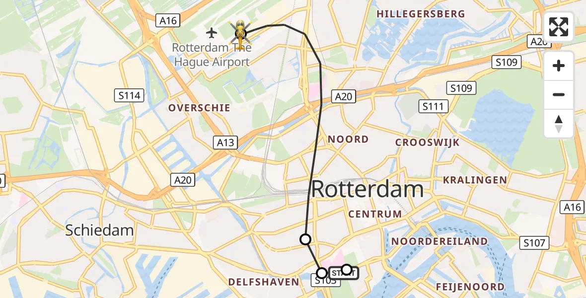 Vluchtroute Traumahelikopter Erasmus MC - Rotterdam The Hague Airport, 18 september 2026, 19:35