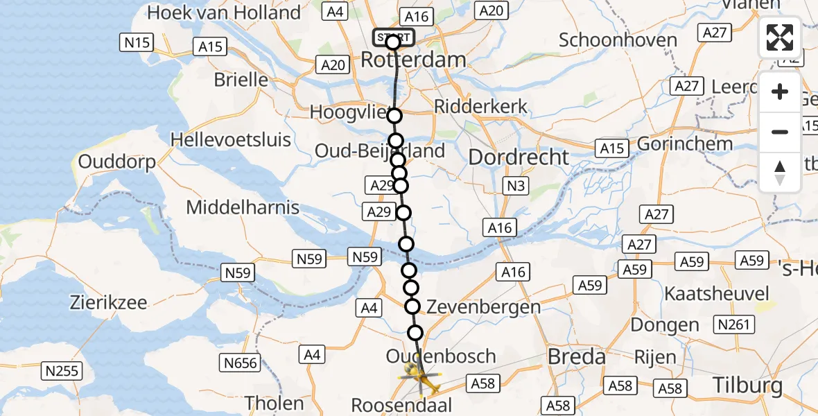 Vluchtroute Traumahelikopter Rotterdam The Hague Airport - Oud Gastel, 18 september 2026, 20:50