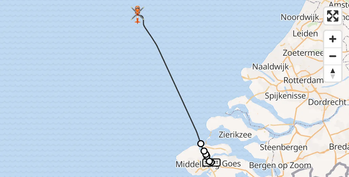 Vluchtroute Kustwachthelikopter Vliegveld Midden-Zeeland - Noordzee, 18 september 2026, 21:26
