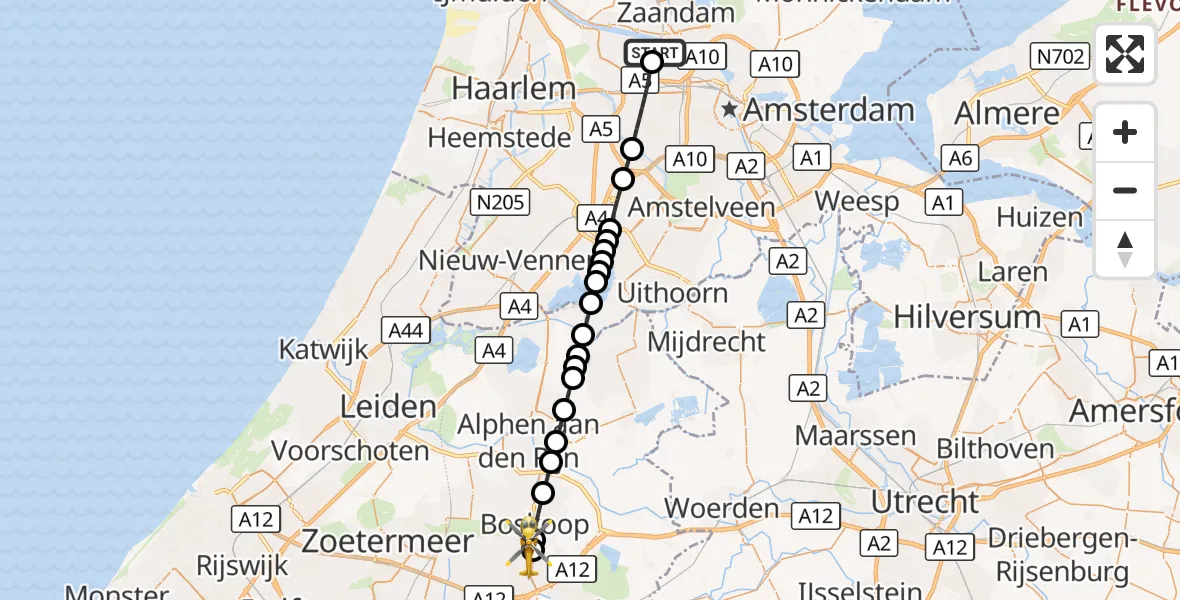 Vluchtroute Traumahelikopter Amsterdam Heliport - Waddinxveen, 19 september 2026, 00:55