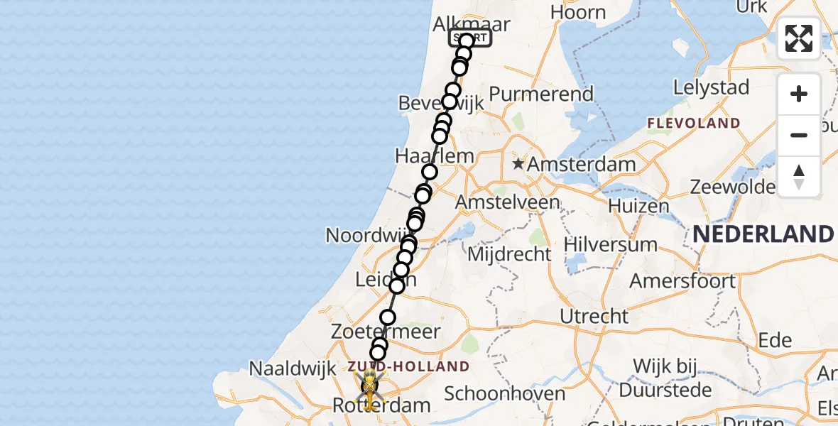Vluchtroute Traumahelikopter Alkmaar - Rotterdam The Hague Airport, 19 september 2026, 01:10