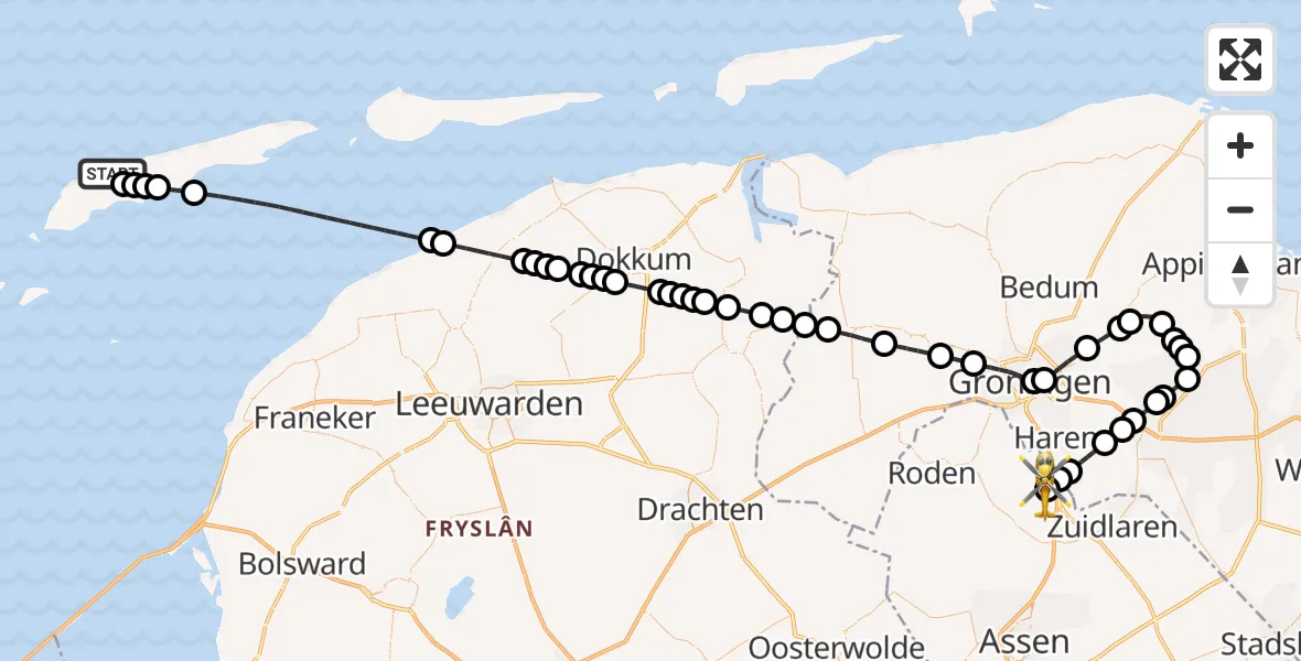 Vluchtroute Ambulancehelikopter West-Terschelling - Groningen Airport Eelde, 19 september 2026, 01:27