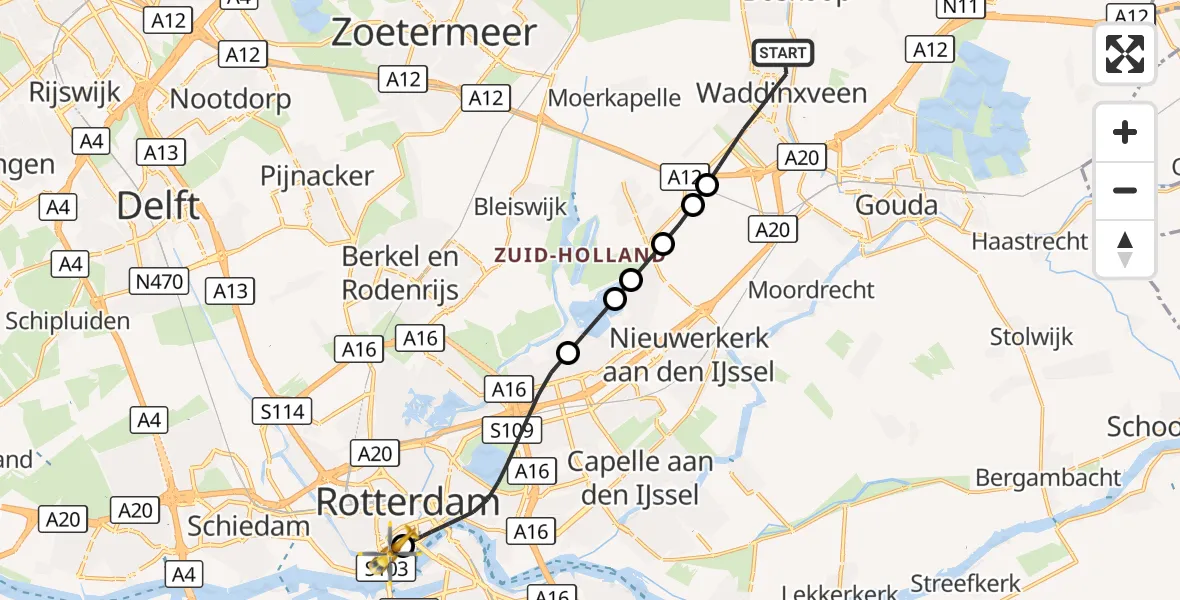 Vluchtroute Traumahelikopter Waddinxveen - Erasmus MC, 19 september 2026, 01:41