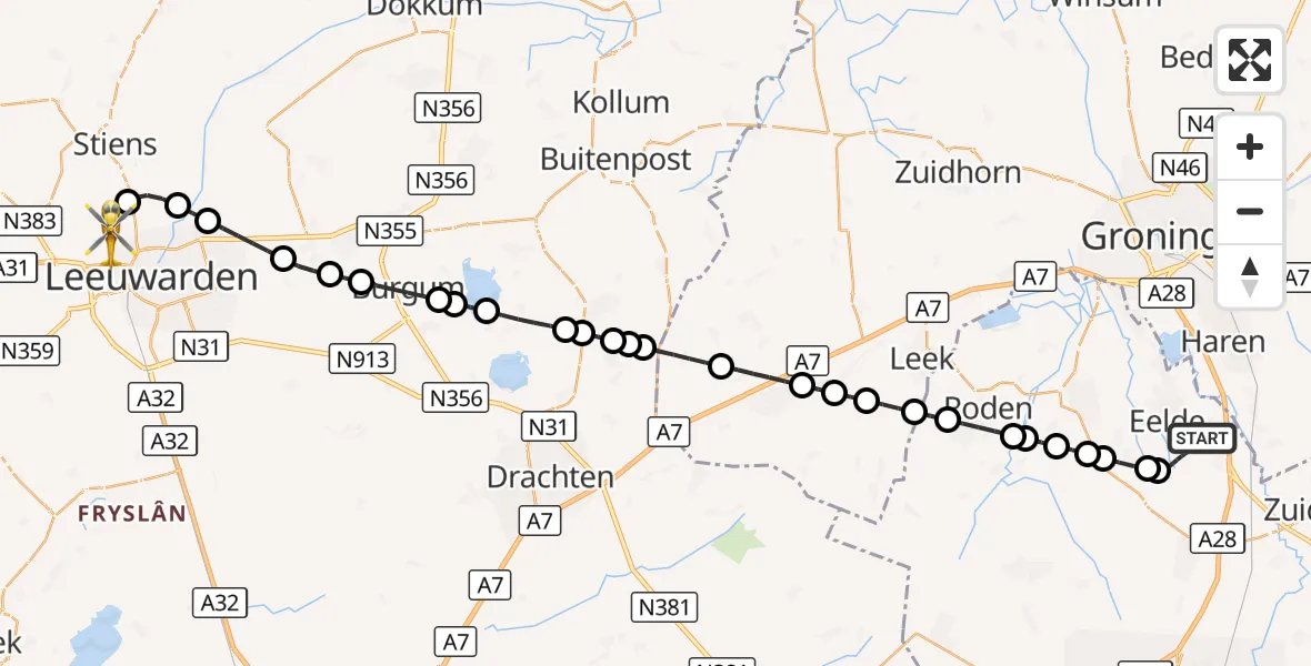 Vluchtroute Ambulancehelikopter Groningen Airport Eelde - Vliegbasis Leeuwarden, 19 september 2026, 02:48