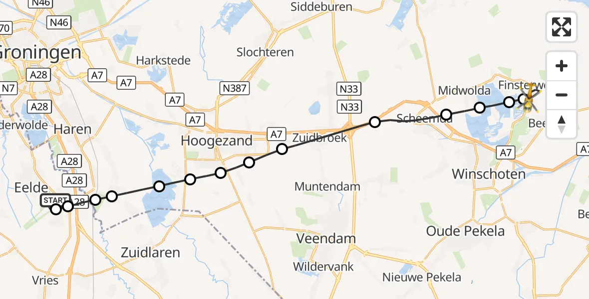Vluchtroute Traumahelikopter Groningen Airport Eelde - Finsterwolde, 19 september 2026, 08:34
