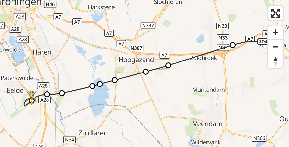 Vluchtroute Traumahelikopter Scheemda - Groningen Airport Eelde, 19 september 2026, 09:33